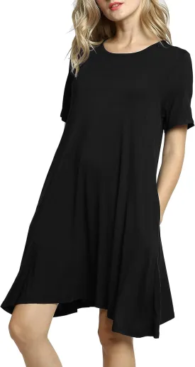 Afibi Womens Short Sleeve Loose Pockets Dress Casual Swing T-Shirt Dresses