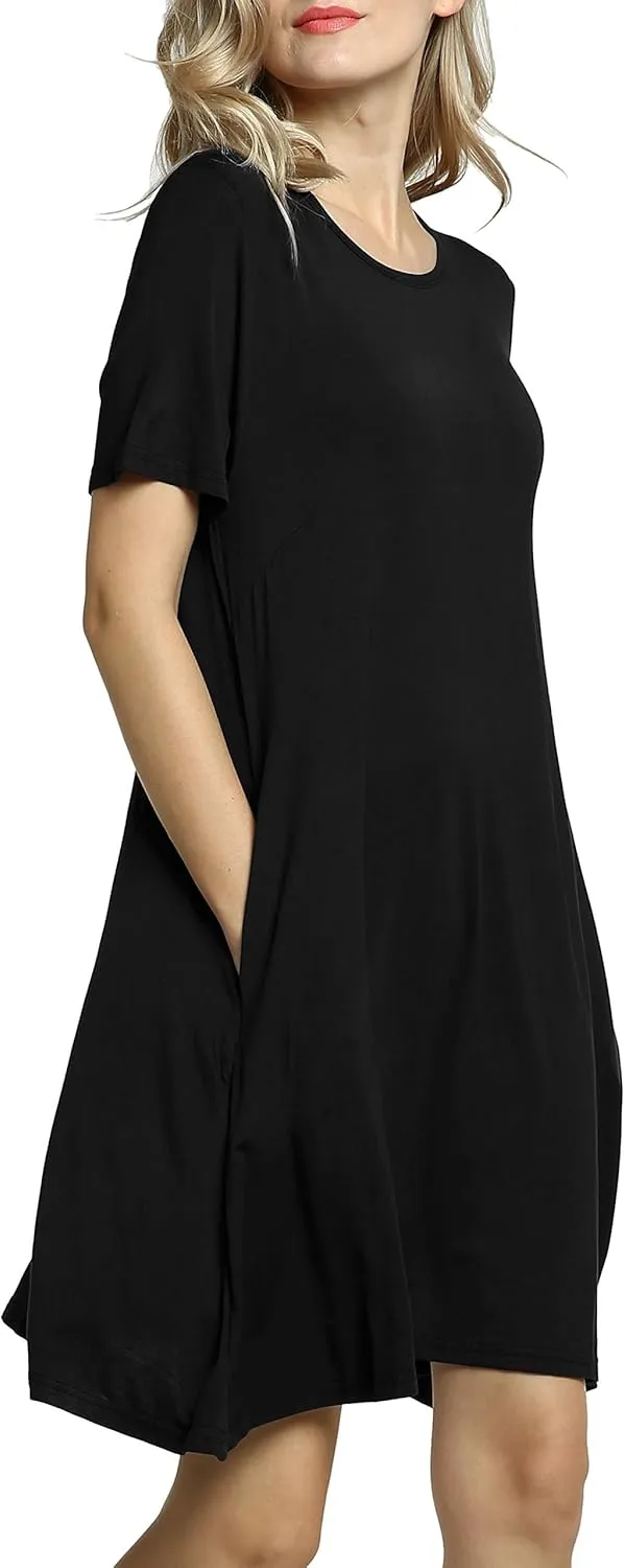 Afibi Womens Short Sleeve Loose Pockets Dress Casual Swing T-Shirt Dresses