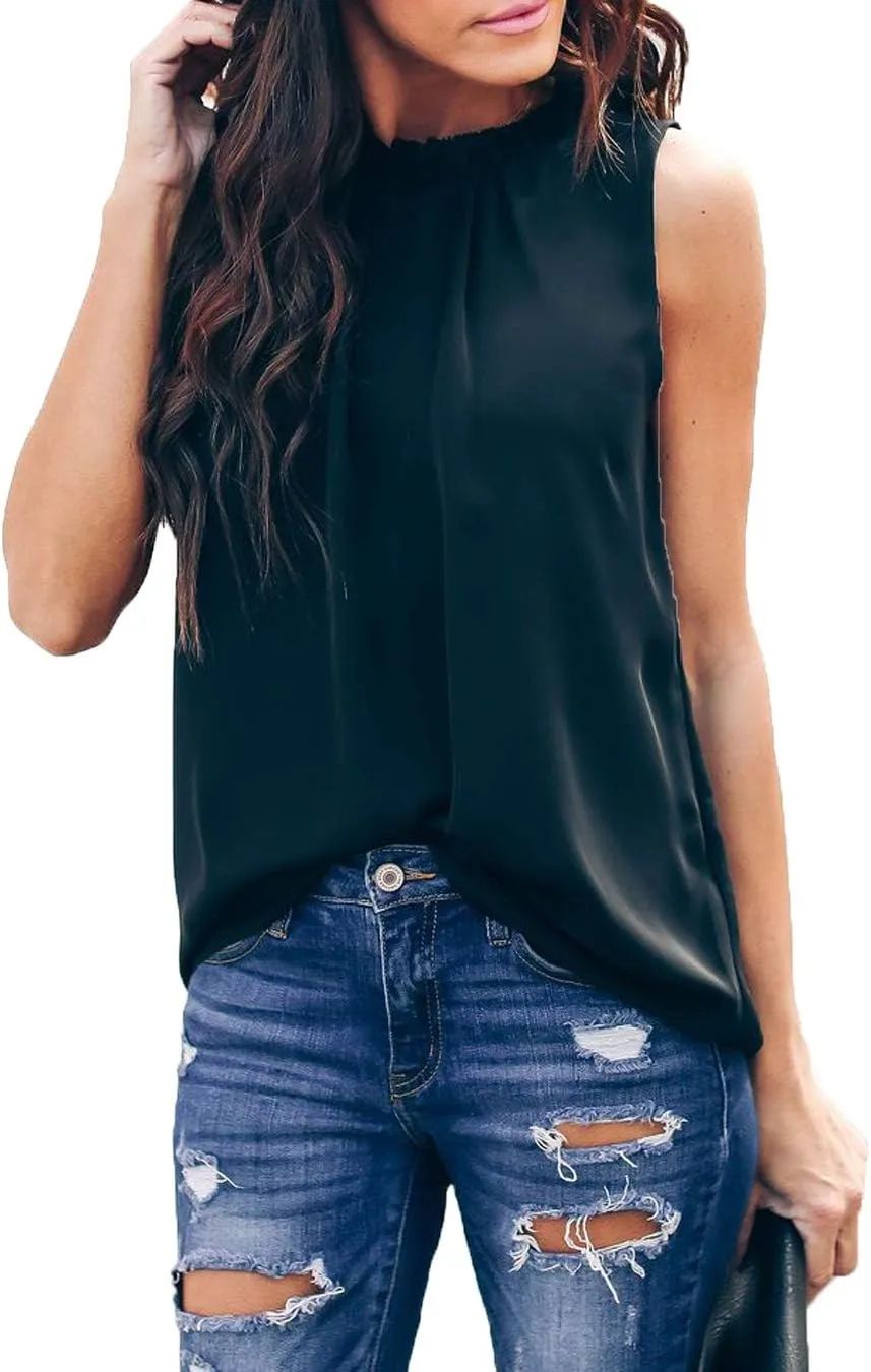 Allimy Women Summer Ruffle Trim Neckline Tank Tops Double Lined Chiffon Blouses