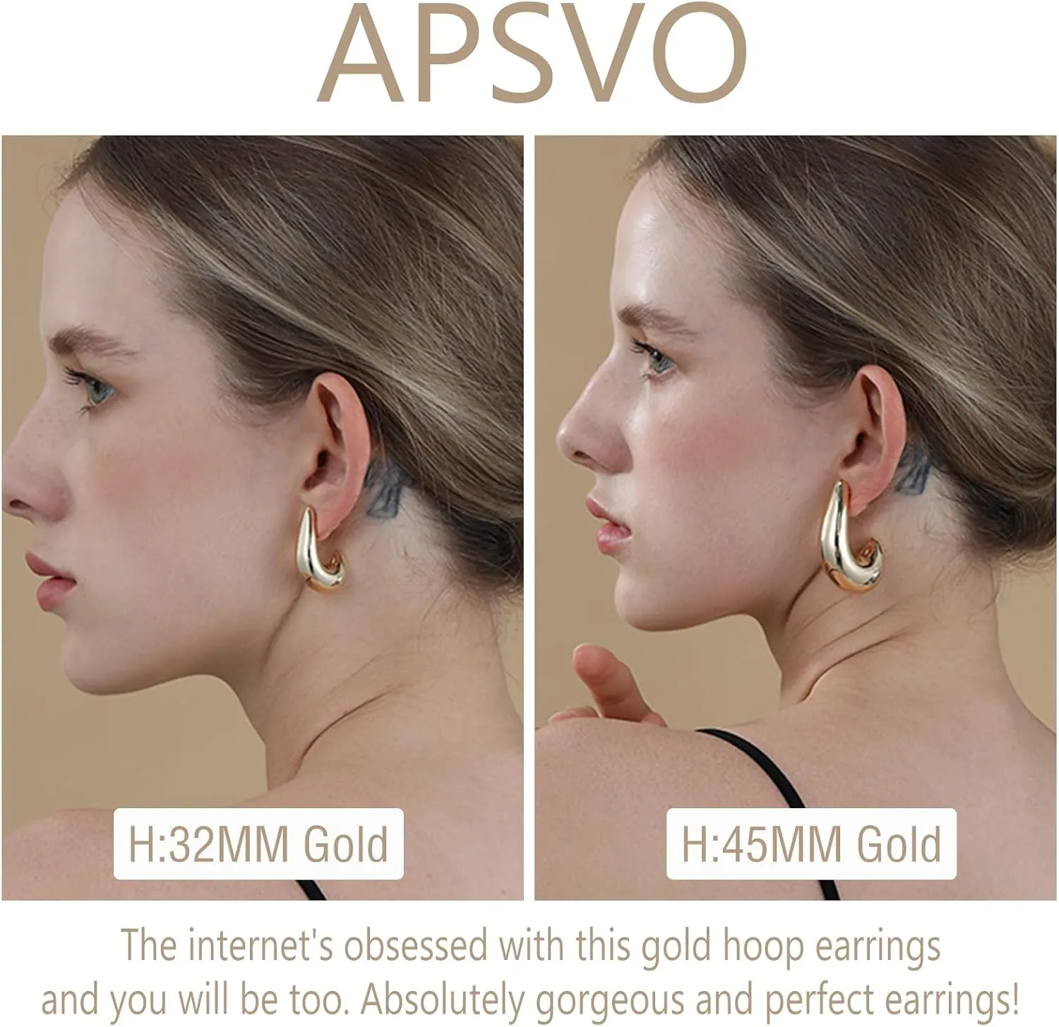 Apsvo 32/45mm Chunky Gold Earrings Dupes for Women, Chunky Gold Thick Hoop Earrings, Statement Earring Lightweight Hollow Teardrop Earring Trendy Jewelry