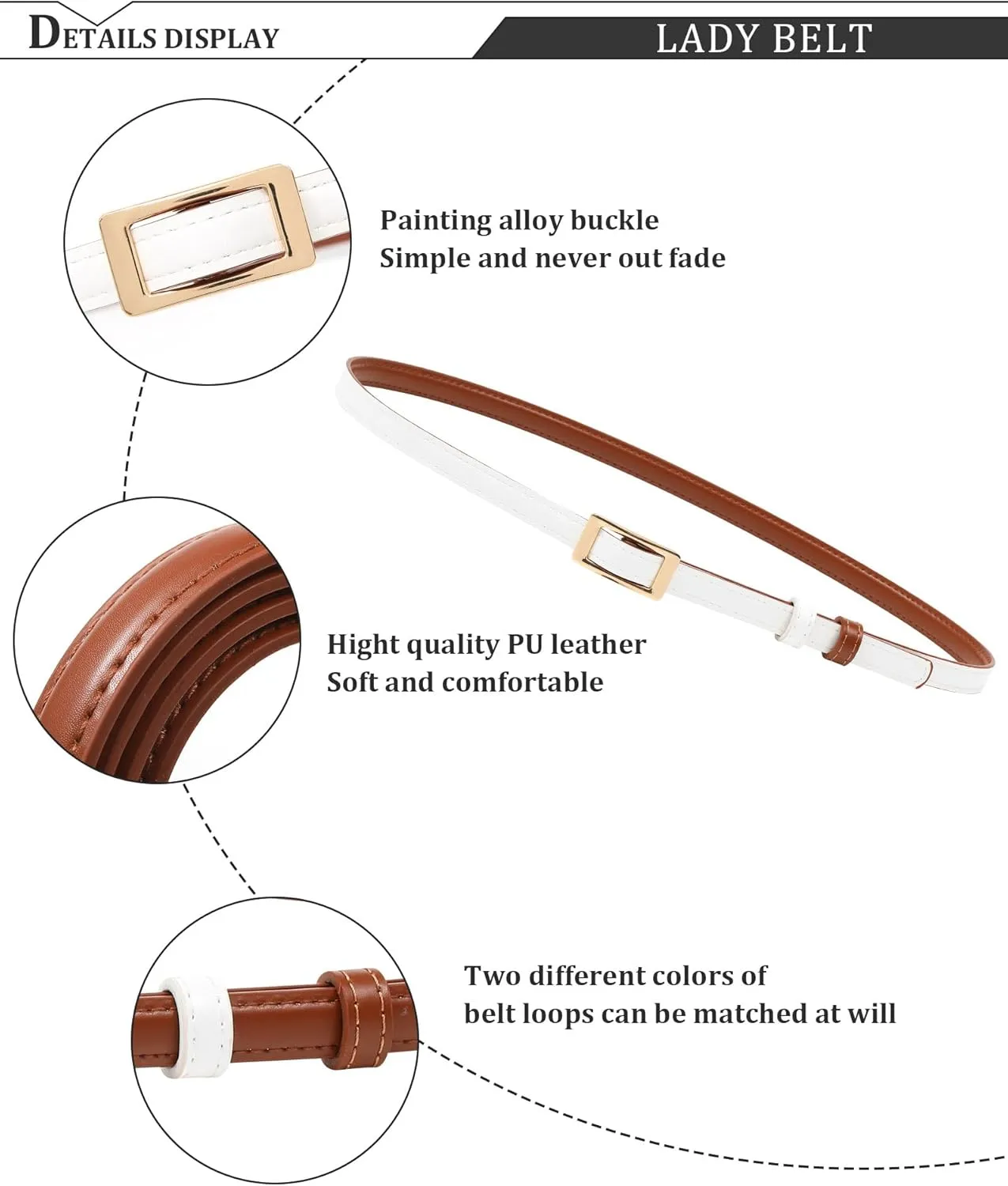 AWAYTR Skinny Reversible Leather Belt - Hole Free Thin Waist Belt for Women Jeans Dress with Gold Buckle