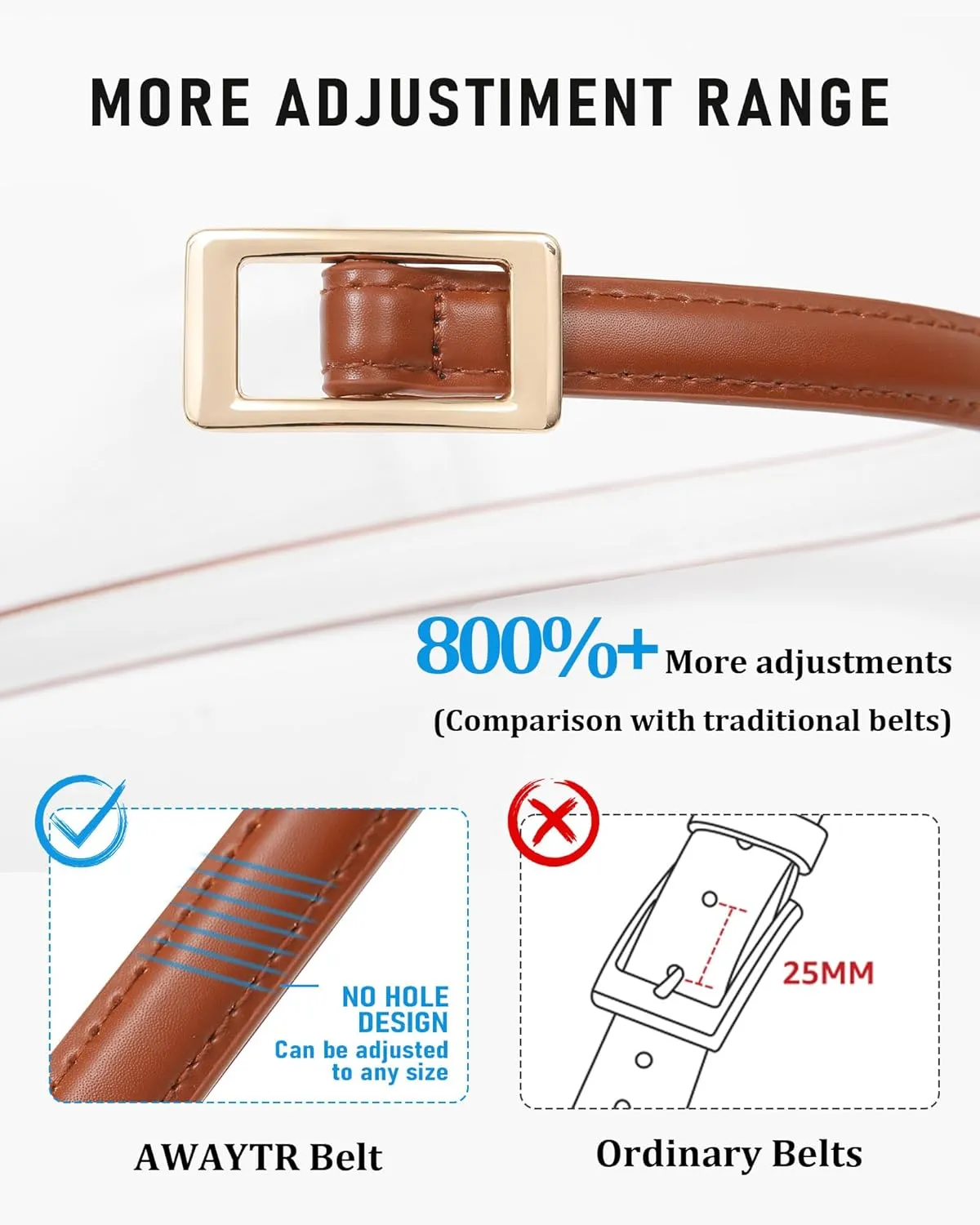 AWAYTR Skinny Reversible Leather Belt - Hole Free Thin Waist Belt for Women Jeans Dress with Gold Buckle