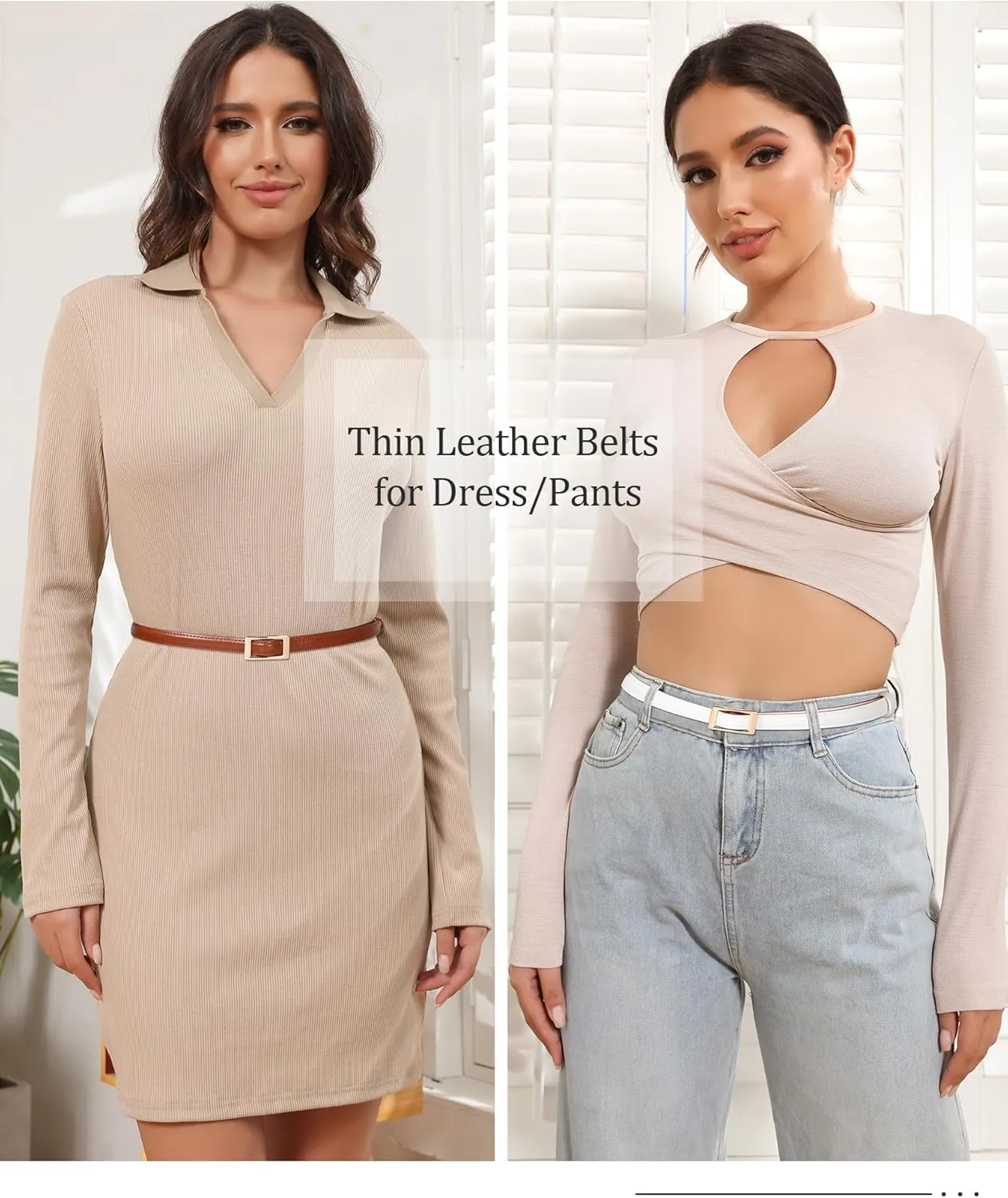 AWAYTR Skinny Reversible Leather Belt - Hole Free Thin Waist Belt for Women Jeans Dress with Gold Buckle