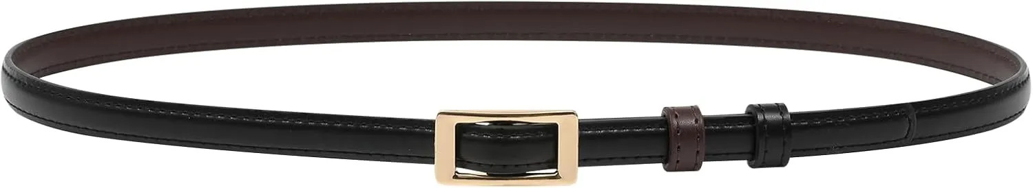AWAYTR Skinny Reversible Leather Belt - Hole Free Thin Waist Belt for Women Jeans Dress with Gold Buckle