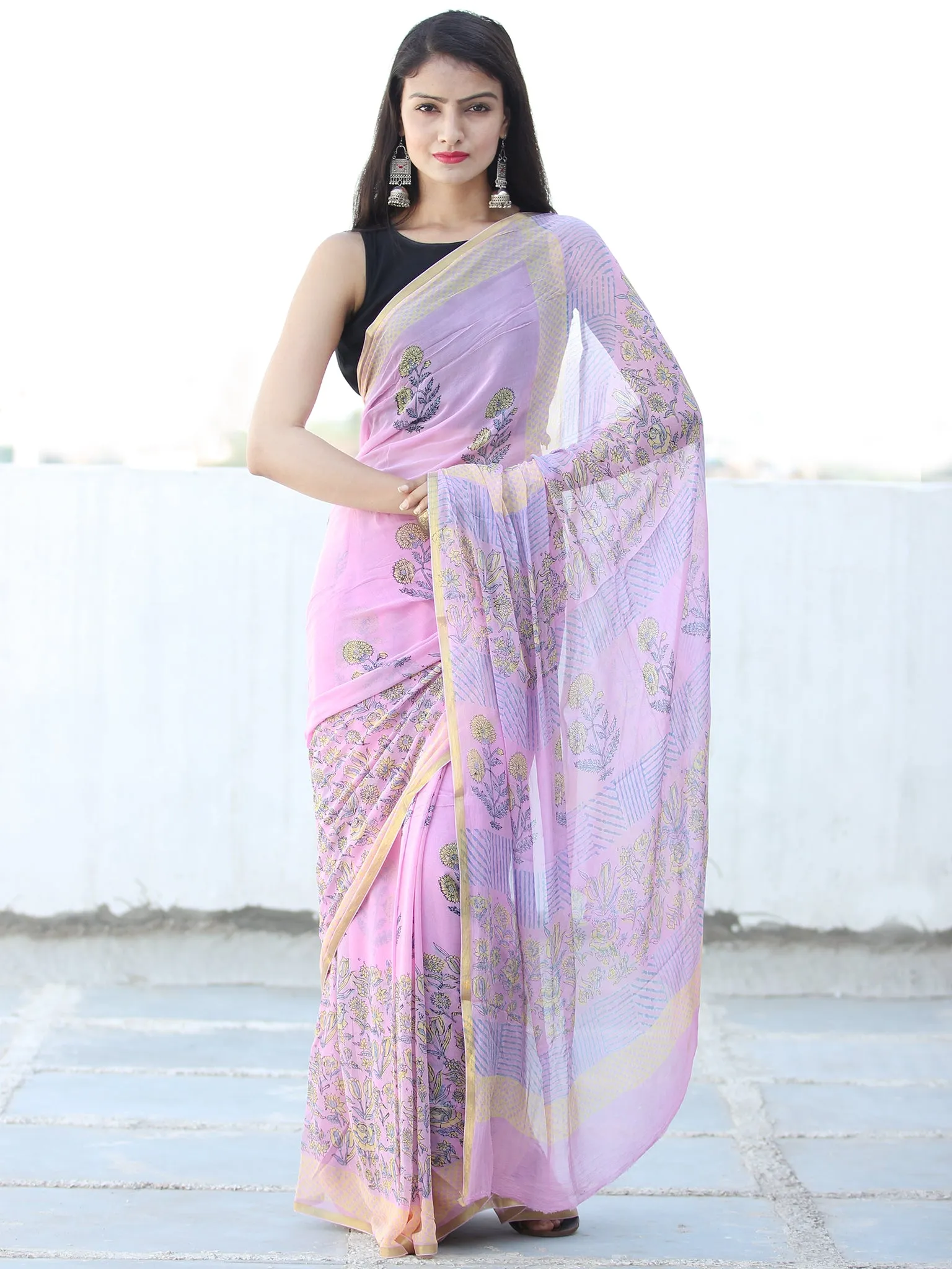Baby Pink Yellow Hand Block Printed Chiffon Saree with Zari Border - S031703944