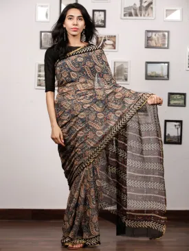 Beige Blue Rust Black Hand Block Printed Chiffon Saree with Zari Border - S031703504
