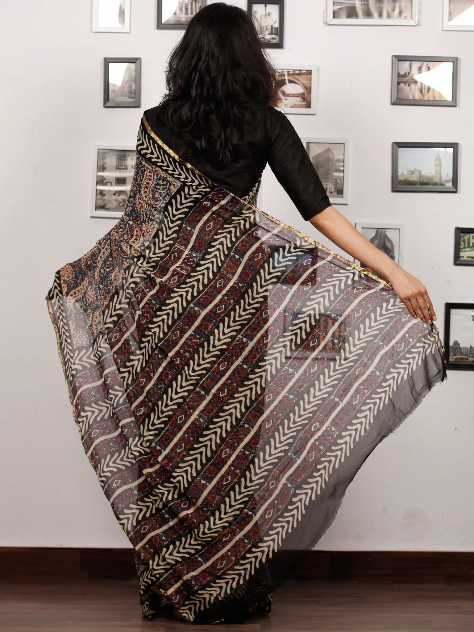 Beige Blue Rust Black Hand Block Printed Chiffon Saree with Zari Border - S031703504