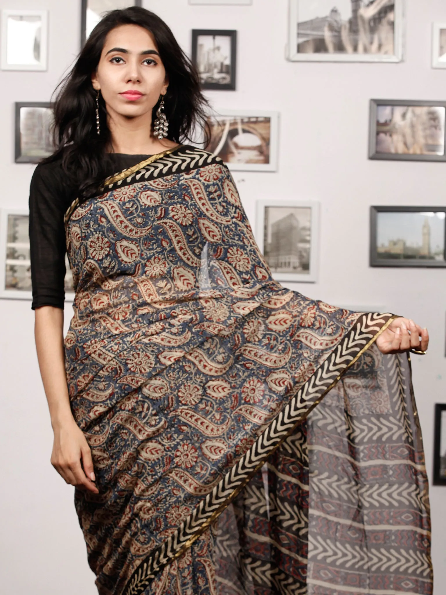 Beige Blue Rust Black Hand Block Printed Chiffon Saree with Zari Border - S031703504