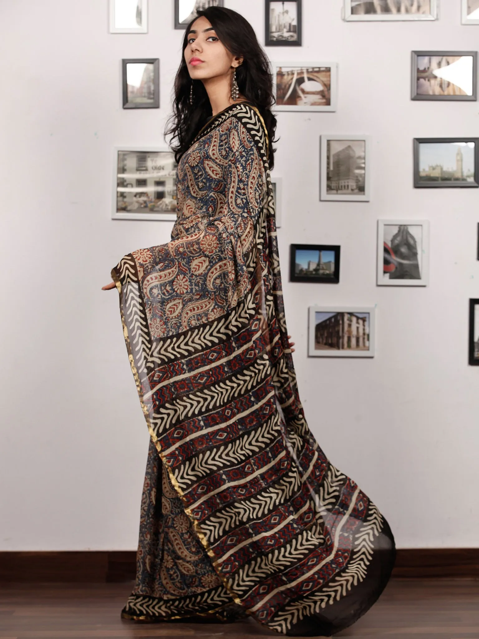 Beige Blue Rust Black Hand Block Printed Chiffon Saree with Zari Border - S031703504