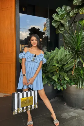 Brienne Roses Shift Dress in Sky Blue