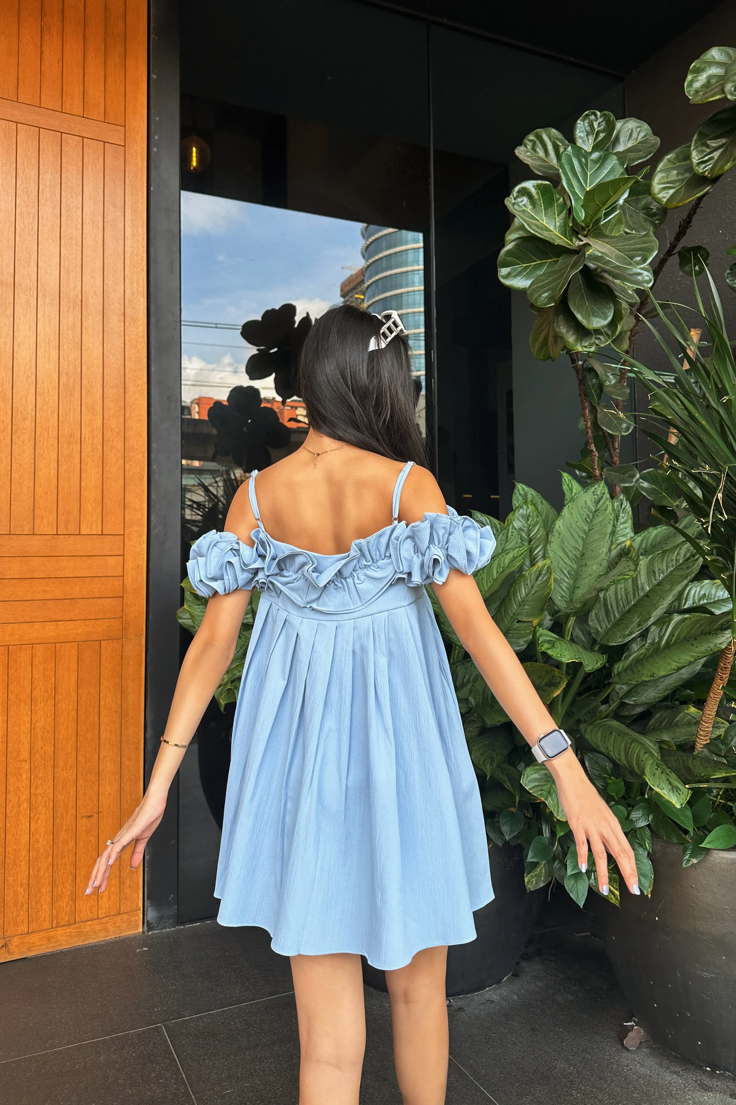 Brienne Roses Shift Dress in Sky Blue