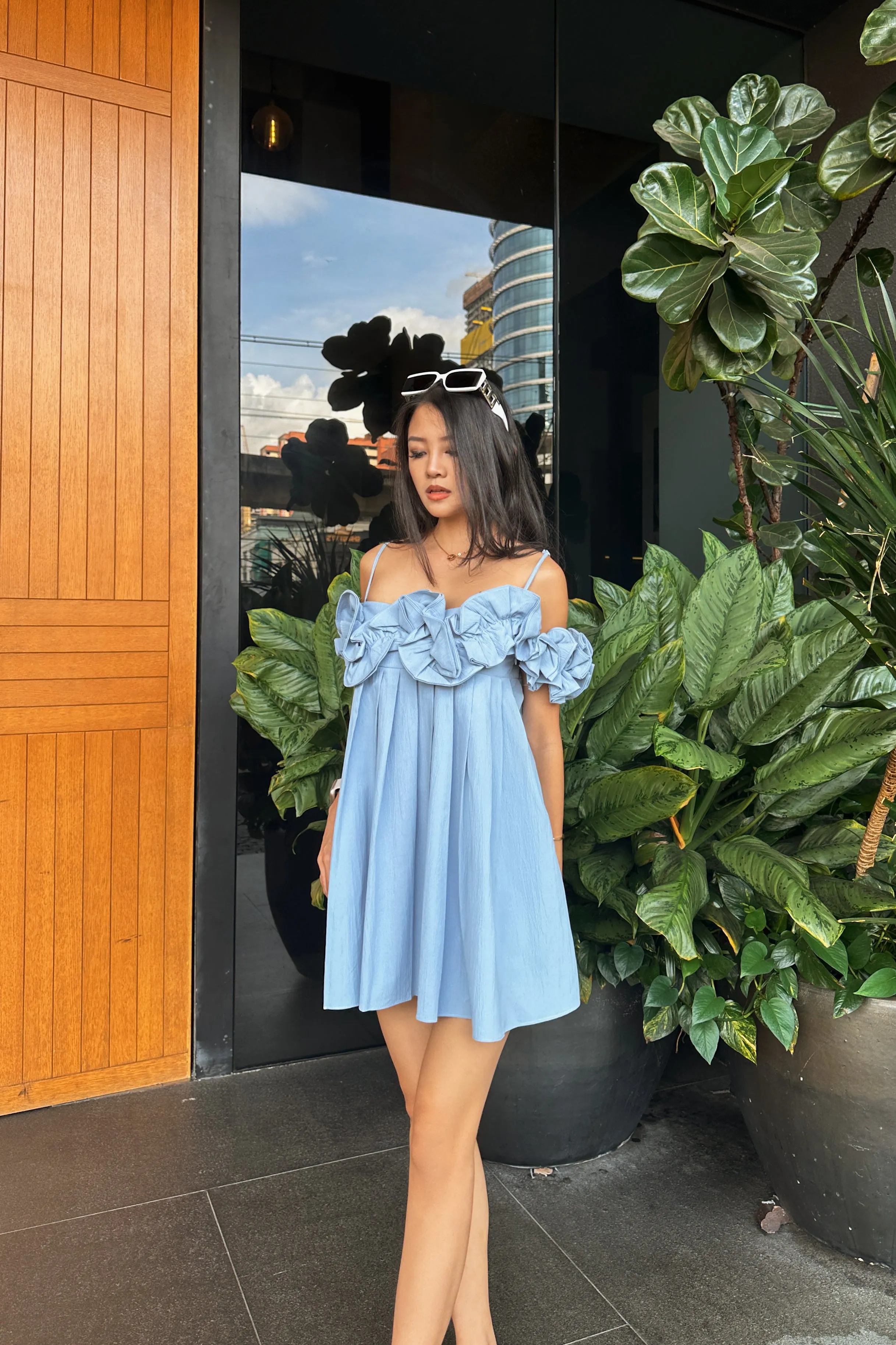 Brienne Roses Shift Dress in Sky Blue