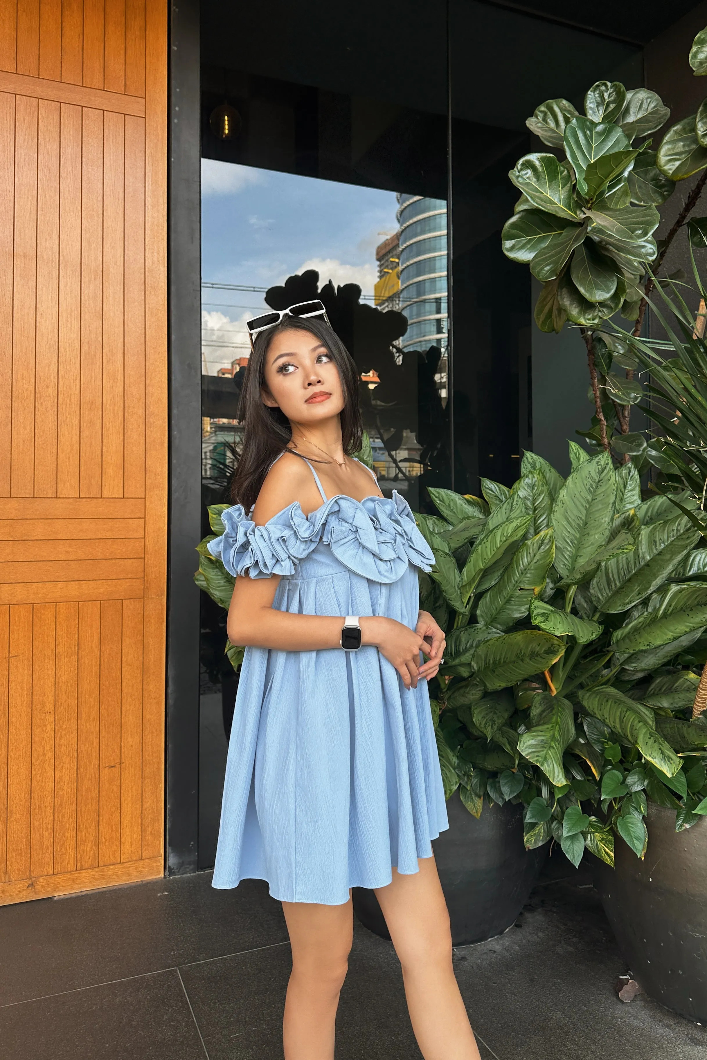 Brienne Roses Shift Dress in Sky Blue