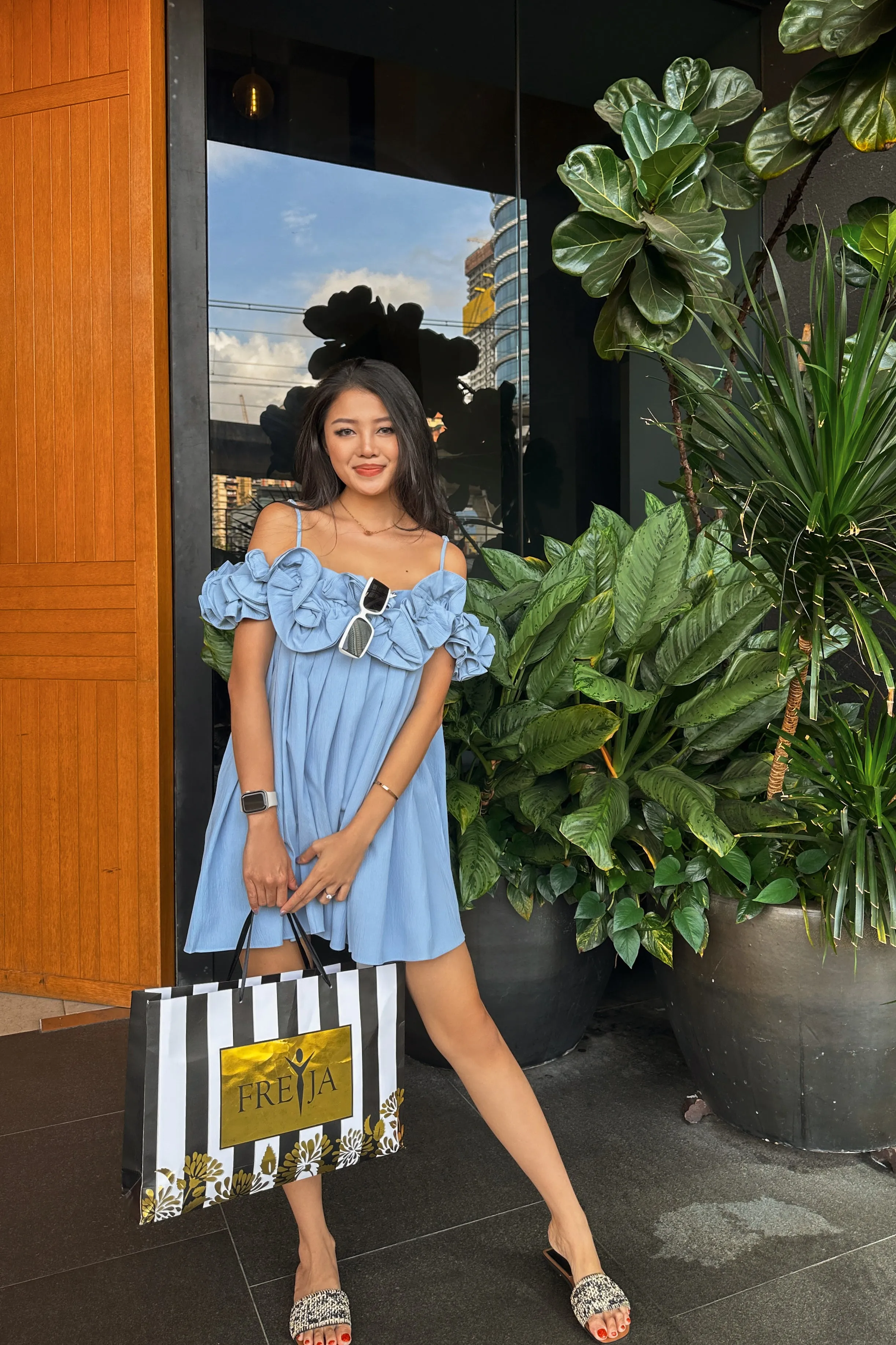 Brienne Roses Shift Dress in Sky Blue