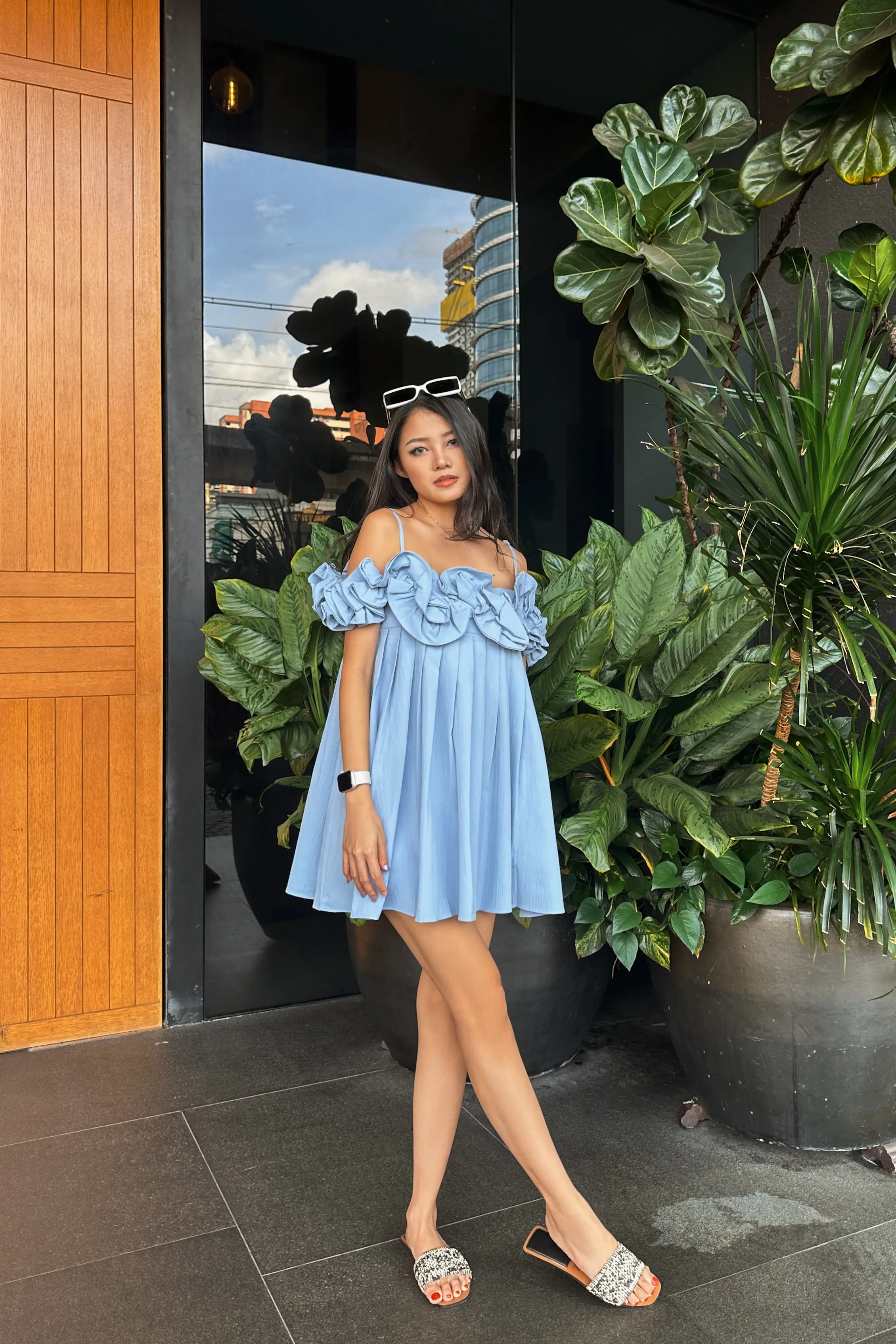 Brienne Roses Shift Dress in Sky Blue