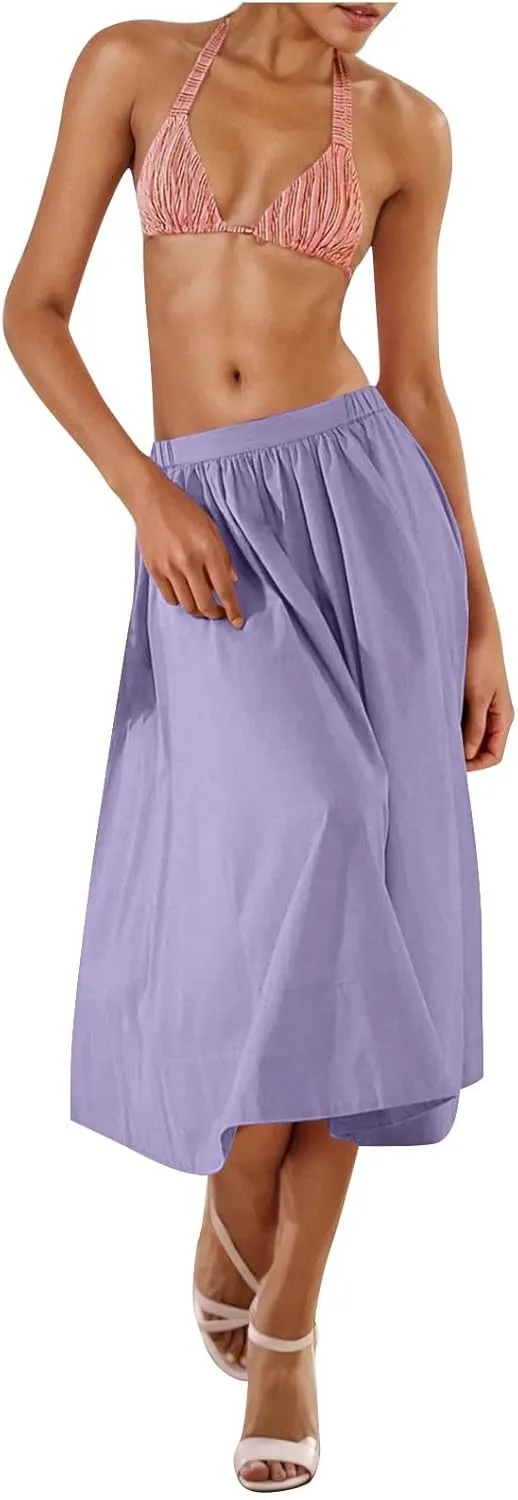 Casual Maxi Skirt for Women Summer Boho Elastic High Waist A-Line Dress Flowy Ruffle Swing Tiered Long Beach Skirt