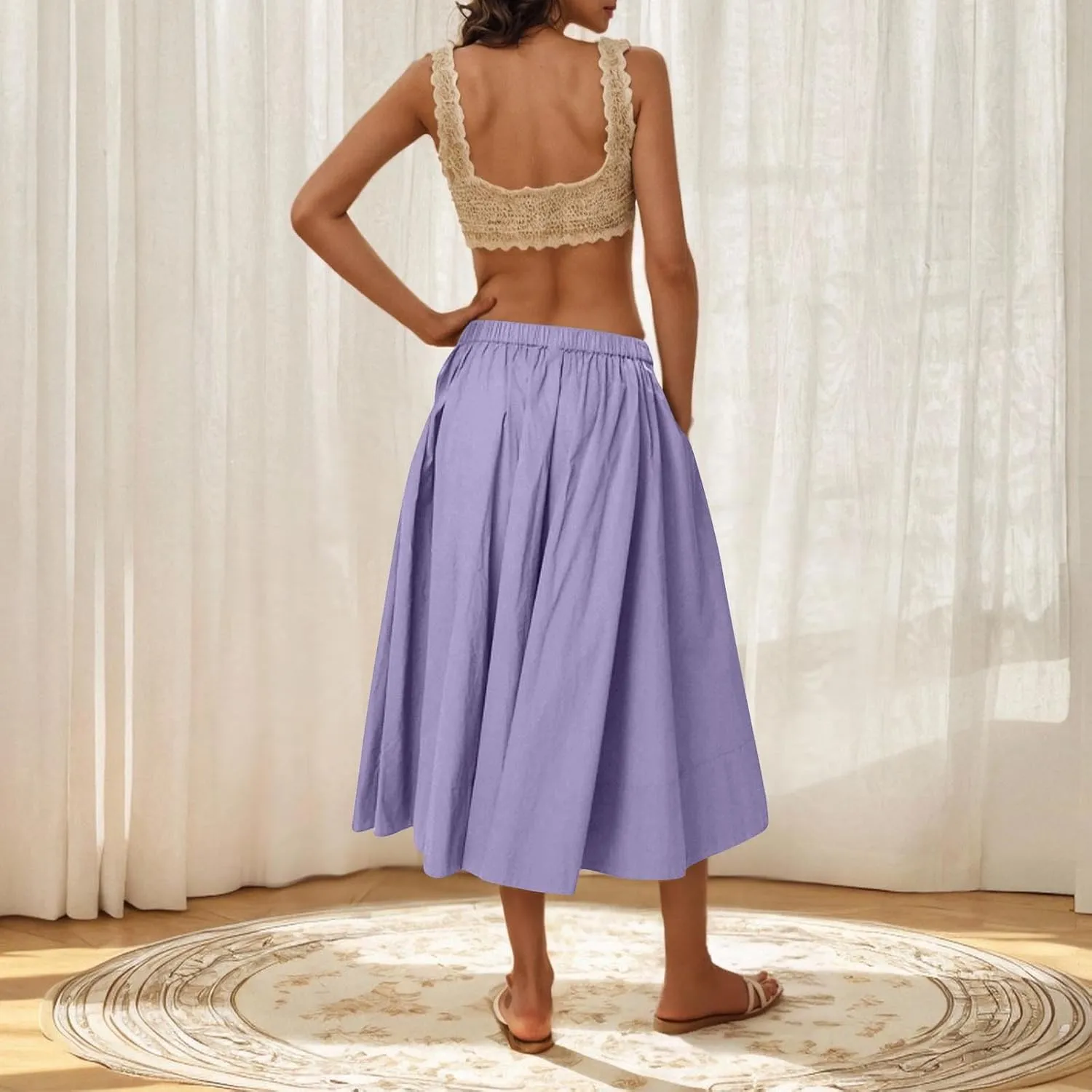 Casual Maxi Skirt for Women Summer Boho Elastic High Waist A-Line Dress Flowy Ruffle Swing Tiered Long Beach Skirt