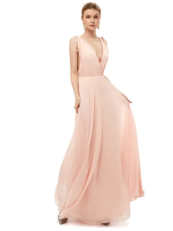 Charming Deep V Neck Straps Floor Length Bridesmaid Dresses