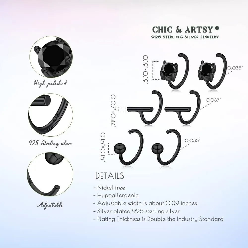 CHIC & ARTSY Half Hoops Earrings 925 Sterling Silver Small Huggie Hoop Earrings Ball, Bar, Star, Moon, Heart, Cross, Dot, Triangle Half Hoops Cartilage Piercing Earrings Tiny Hoop Stud Earrings