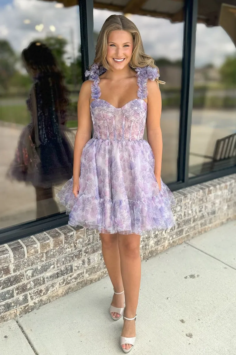 Cute A-Line Sweetheart Lilac Floral Printed Short Homecoming Dresses VK24062105