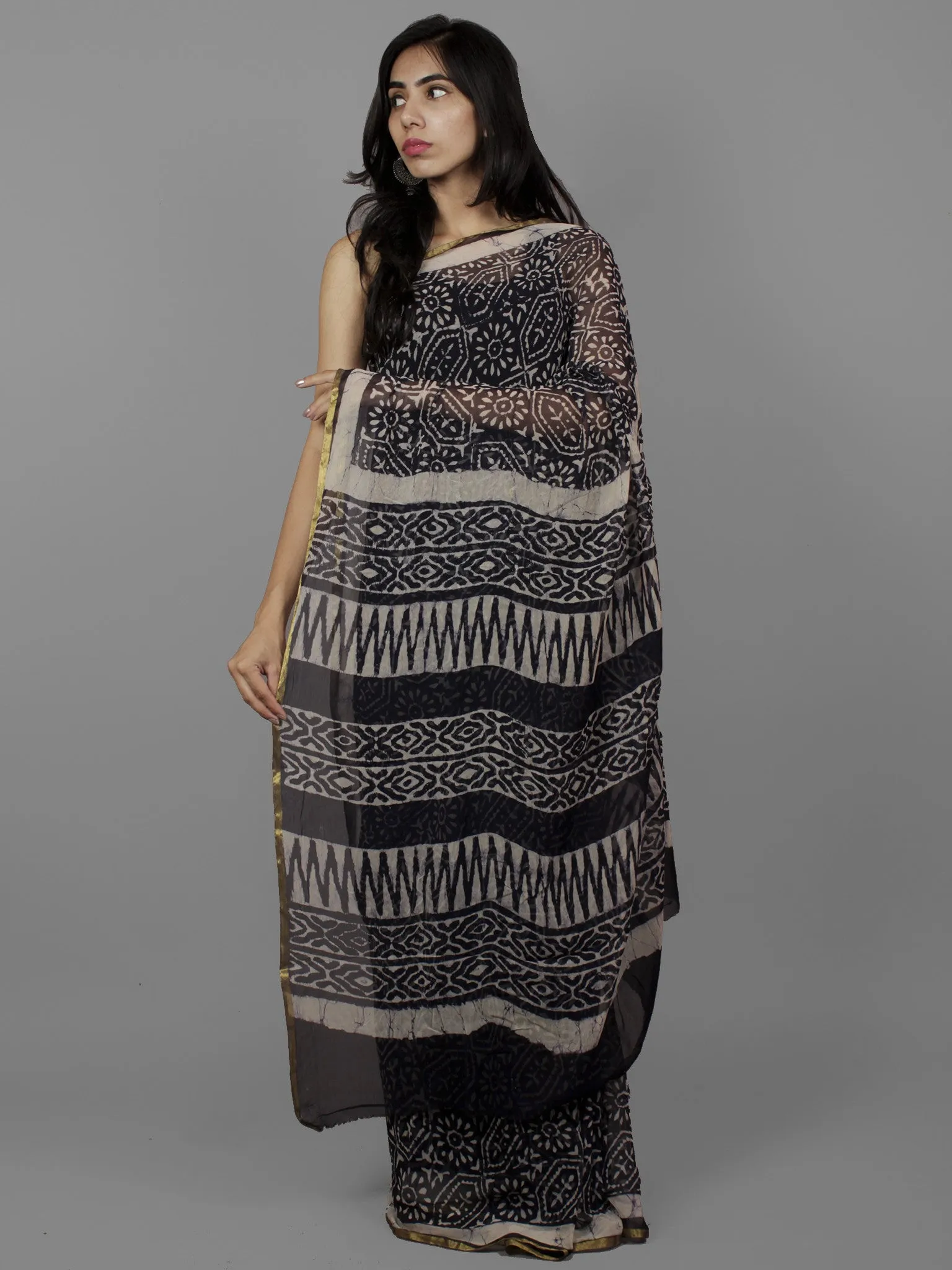 Deep Indigo Ivory Hand Block Printed Chiffon Saree - S031702092
