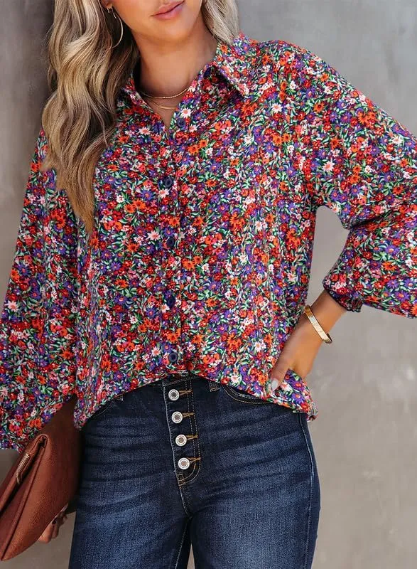 Dokotoo Women's Casual V Neck Allover Floral Print Long Sleeve Chiffon Button Down Blouses Bohemian Top Shirts