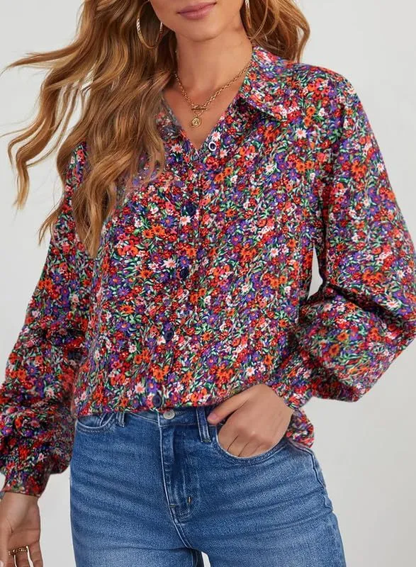 Dokotoo Women's Casual V Neck Allover Floral Print Long Sleeve Chiffon Button Down Blouses Bohemian Top Shirts