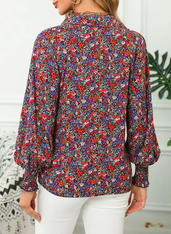 Dokotoo Women's Casual V Neck Allover Floral Print Long Sleeve Chiffon Button Down Blouses Bohemian Top Shirts