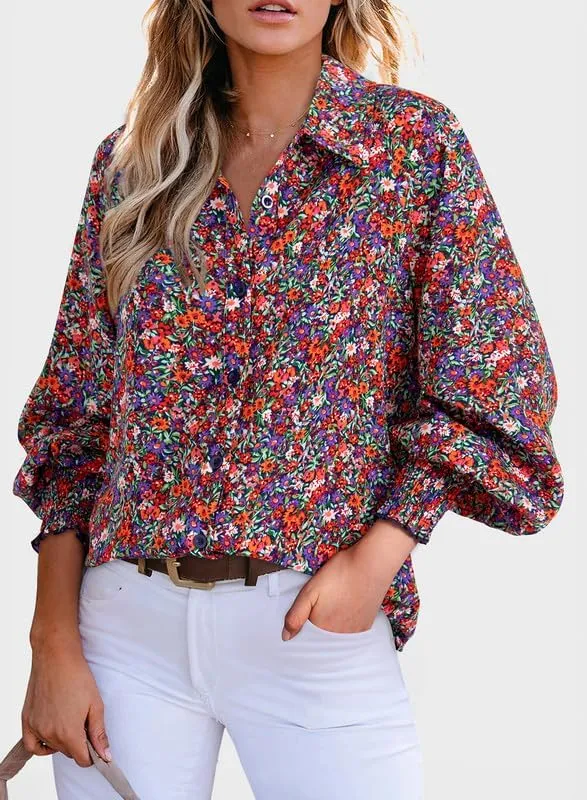 Dokotoo Women's Casual V Neck Allover Floral Print Long Sleeve Chiffon Button Down Blouses Bohemian Top Shirts