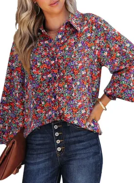 Dokotoo Women's Casual V Neck Allover Floral Print Long Sleeve Chiffon Button Down Blouses Bohemian Top Shirts