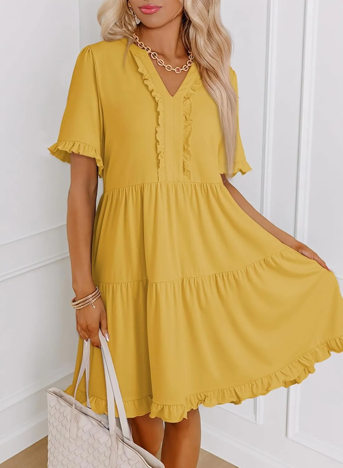 Dokotoo Womens Dresses 2025 Summer Spring V Neck Short Sleeve Casual A Line Flowy Swing Shift Dress Mini Dress