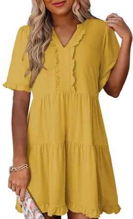 Dokotoo Womens Dresses 2025 Summer Spring V Neck Short Sleeve Casual A Line Flowy Swing Shift Dress Mini Dress