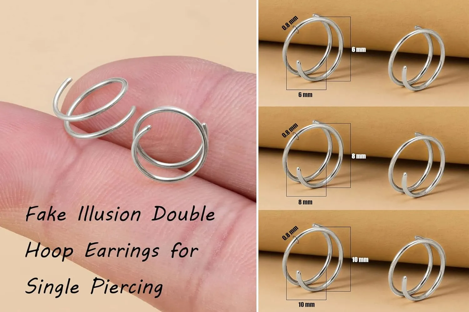 Double Hoop Earrings for Single Piercing, 3 Pairs 316L Surgical Steel Spiral Twist Illusion Lobe Cartilage Helix Hoop Earring Double Hoop Earrings for One Hole