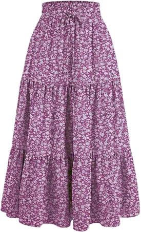 Floral Midi Skirts for Women Casual Swing Tiered A-Line Flowy Long Skirt Loose Comfy Elastic High Waisted Y2k Skirts