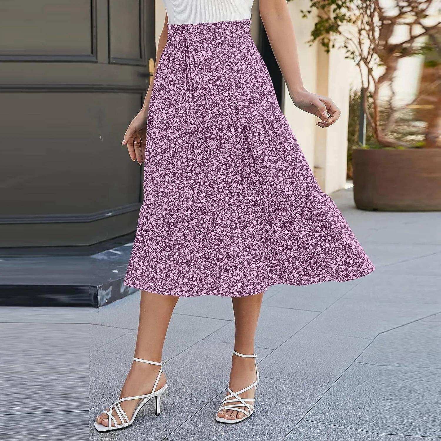 Floral Midi Skirts for Women Casual Swing Tiered A-Line Flowy Long Skirt Loose Comfy Elastic High Waisted Y2k Skirts