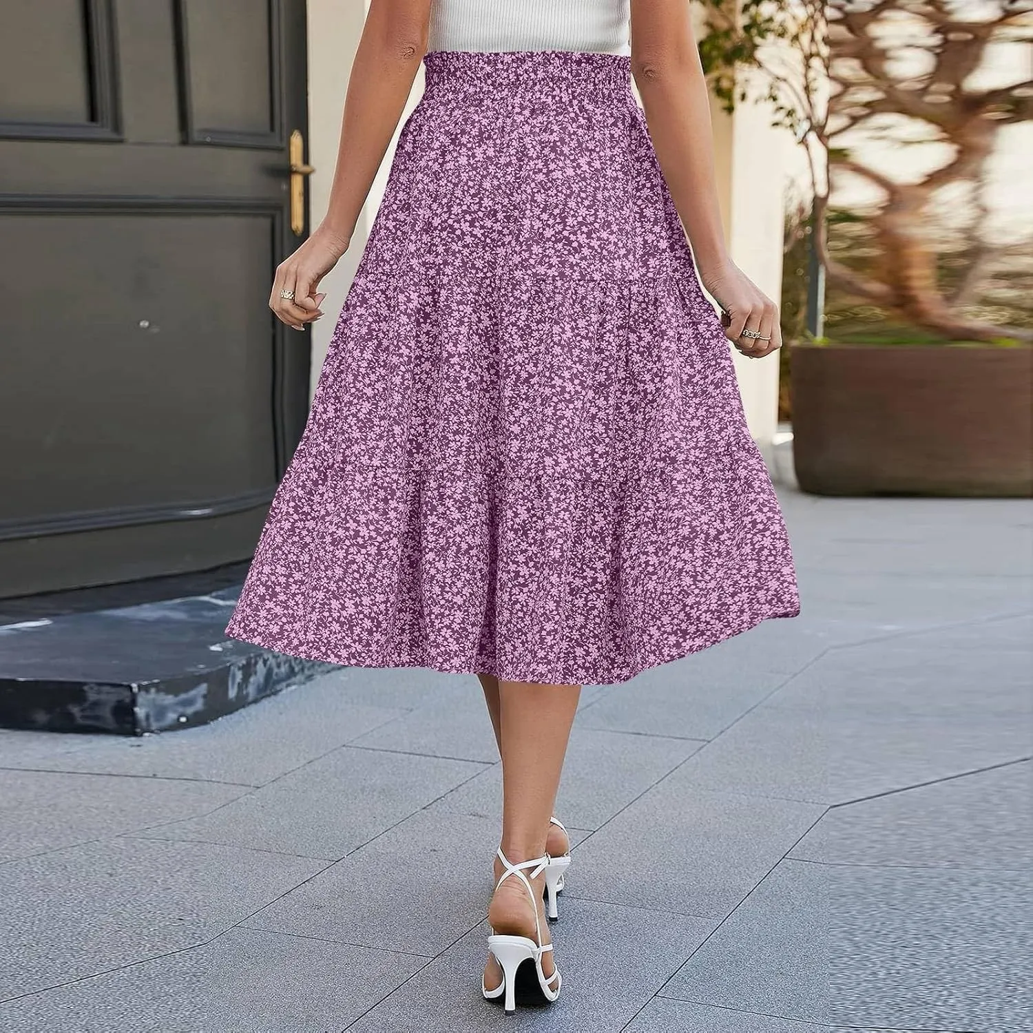 Floral Midi Skirts for Women Casual Swing Tiered A-Line Flowy Long Skirt Loose Comfy Elastic High Waisted Y2k Skirts