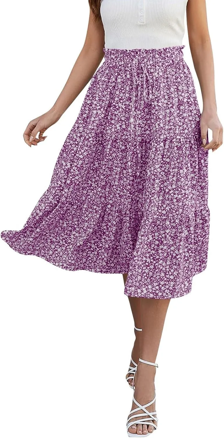 Floral Midi Skirts for Women Casual Swing Tiered A-Line Flowy Long Skirt Loose Comfy Elastic High Waisted Y2k Skirts