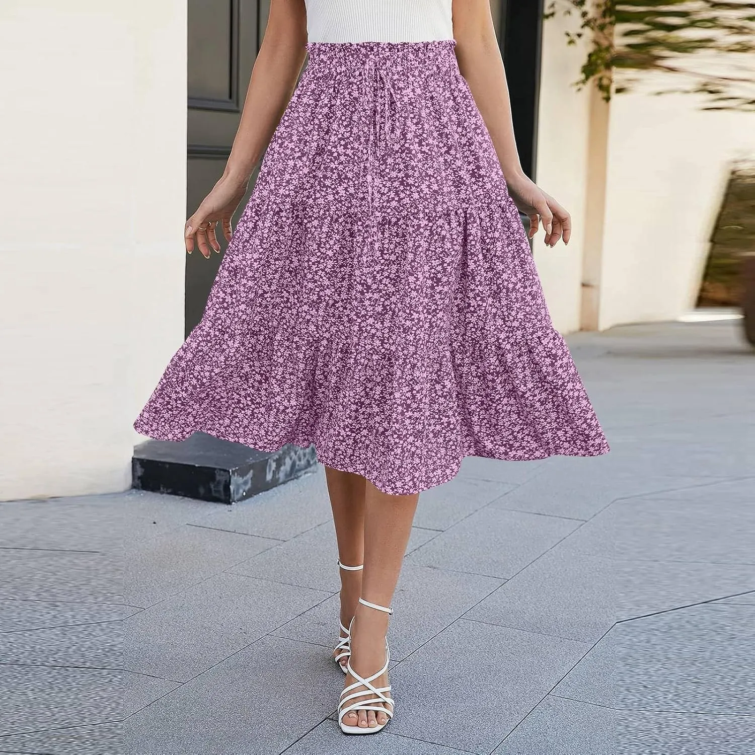 Floral Midi Skirts for Women Casual Swing Tiered A-Line Flowy Long Skirt Loose Comfy Elastic High Waisted Y2k Skirts