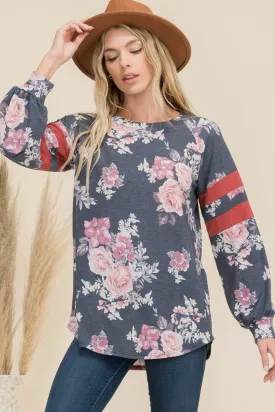 Full Size Floral Curved Hem T-Shirt with Stripe Detail