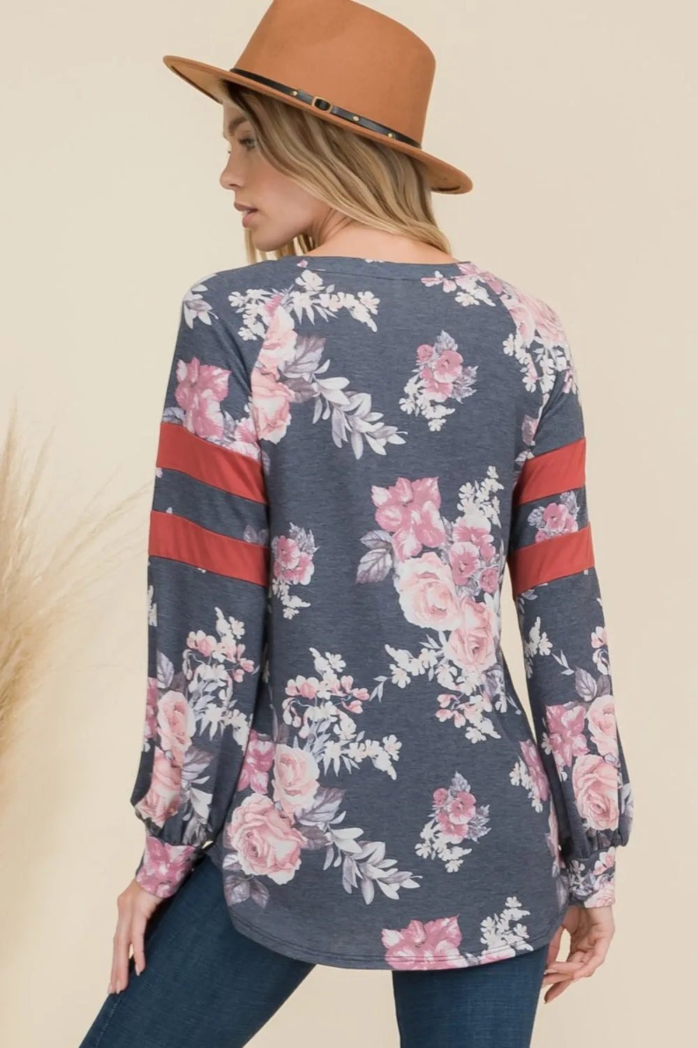 Full Size Floral Curved Hem T-Shirt with Stripe Detail