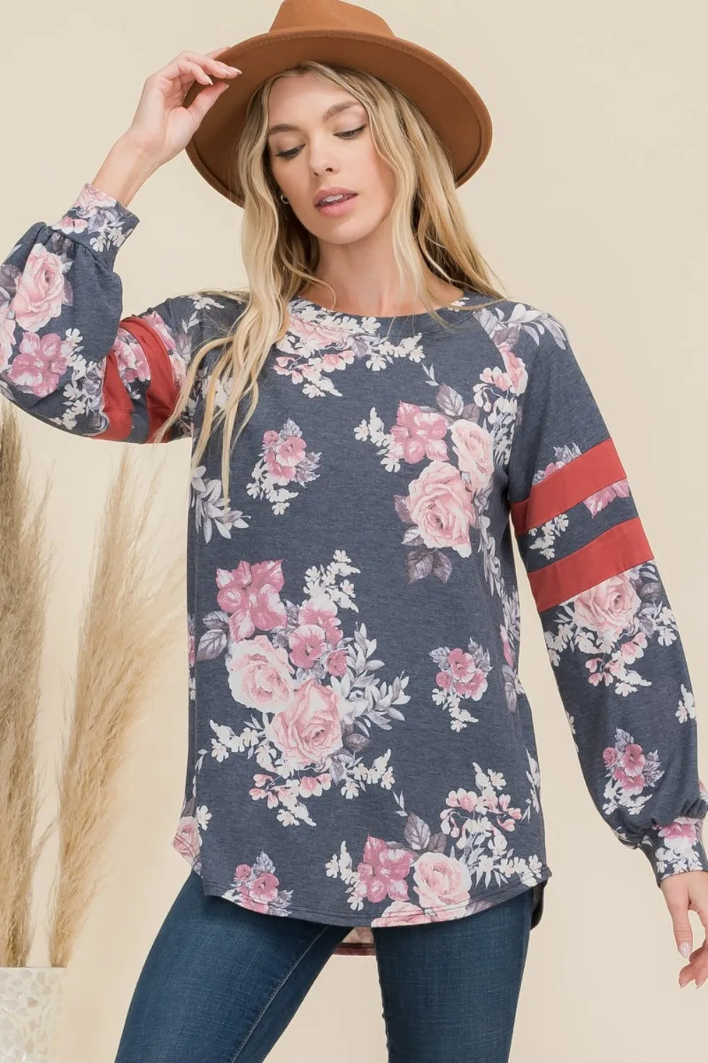 Full Size Floral Curved Hem T-Shirt with Stripe Detail