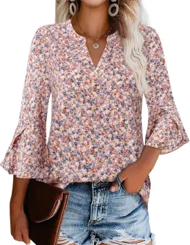 Gaharu Women's Work Blouses Ruffle 3/4 Sleeve Dressy Top V Neck Casual Chiffon Tunic Blouses Business Shirts