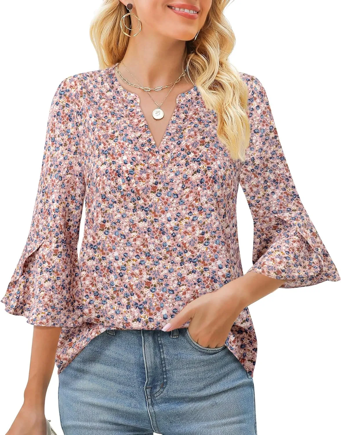 Gaharu Women's Work Blouses Ruffle 3/4 Sleeve Dressy Top V Neck Casual Chiffon Tunic Blouses Business Shirts