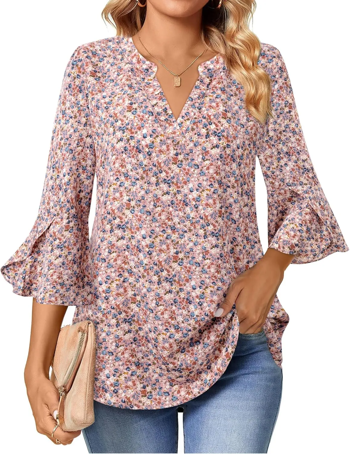 Gaharu Women's Work Blouses Ruffle 3/4 Sleeve Dressy Top V Neck Casual Chiffon Tunic Blouses Business Shirts