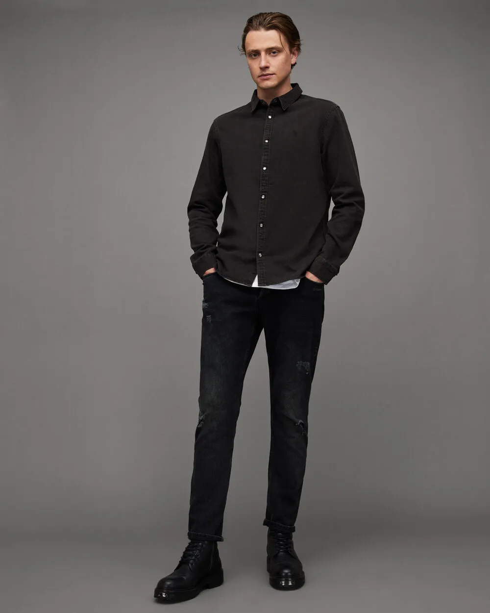 Gleason Press Ramskull AllSaints Studded Denim Shirt, Washed Black