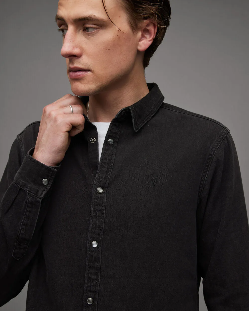 Gleason Press Ramskull AllSaints Studded Denim Shirt, Washed Black