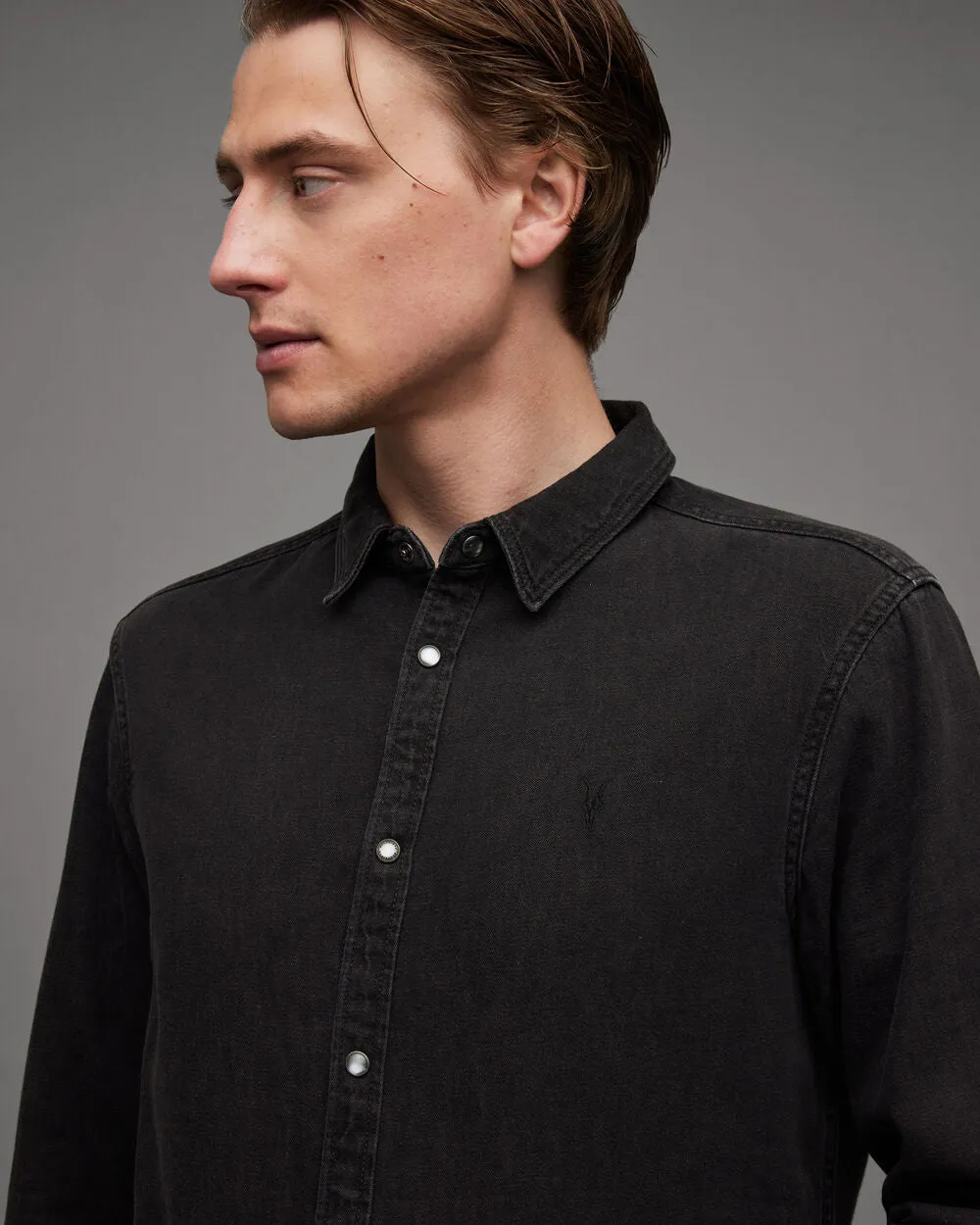 Gleason Press Ramskull AllSaints Studded Denim Shirt, Washed Black