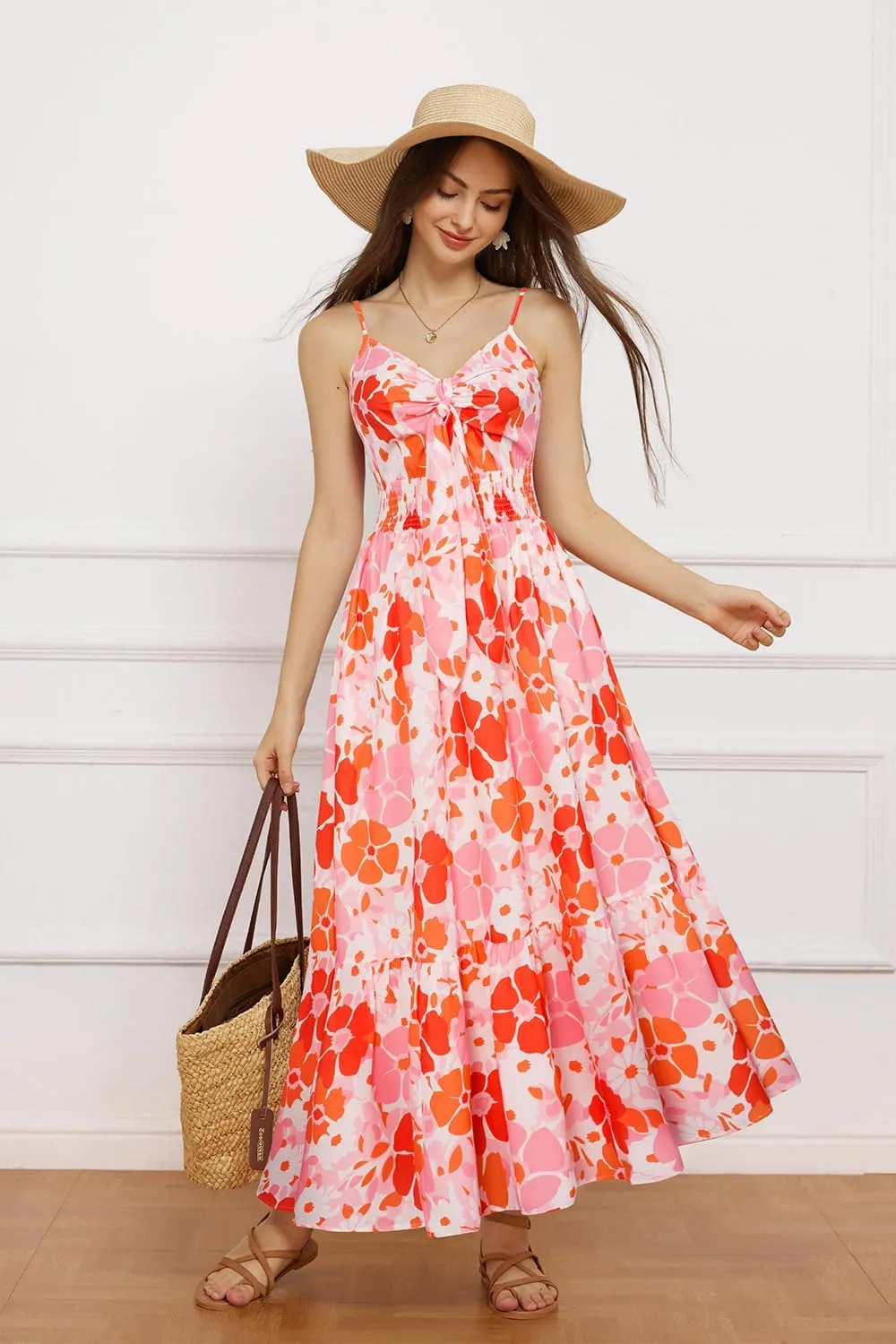 GRACE KARIN Women's 2025 Summer Maxi Dress Floral Tie Front Spaghetti Strap Casual Boho Beach Flowy Sundress with Pockets