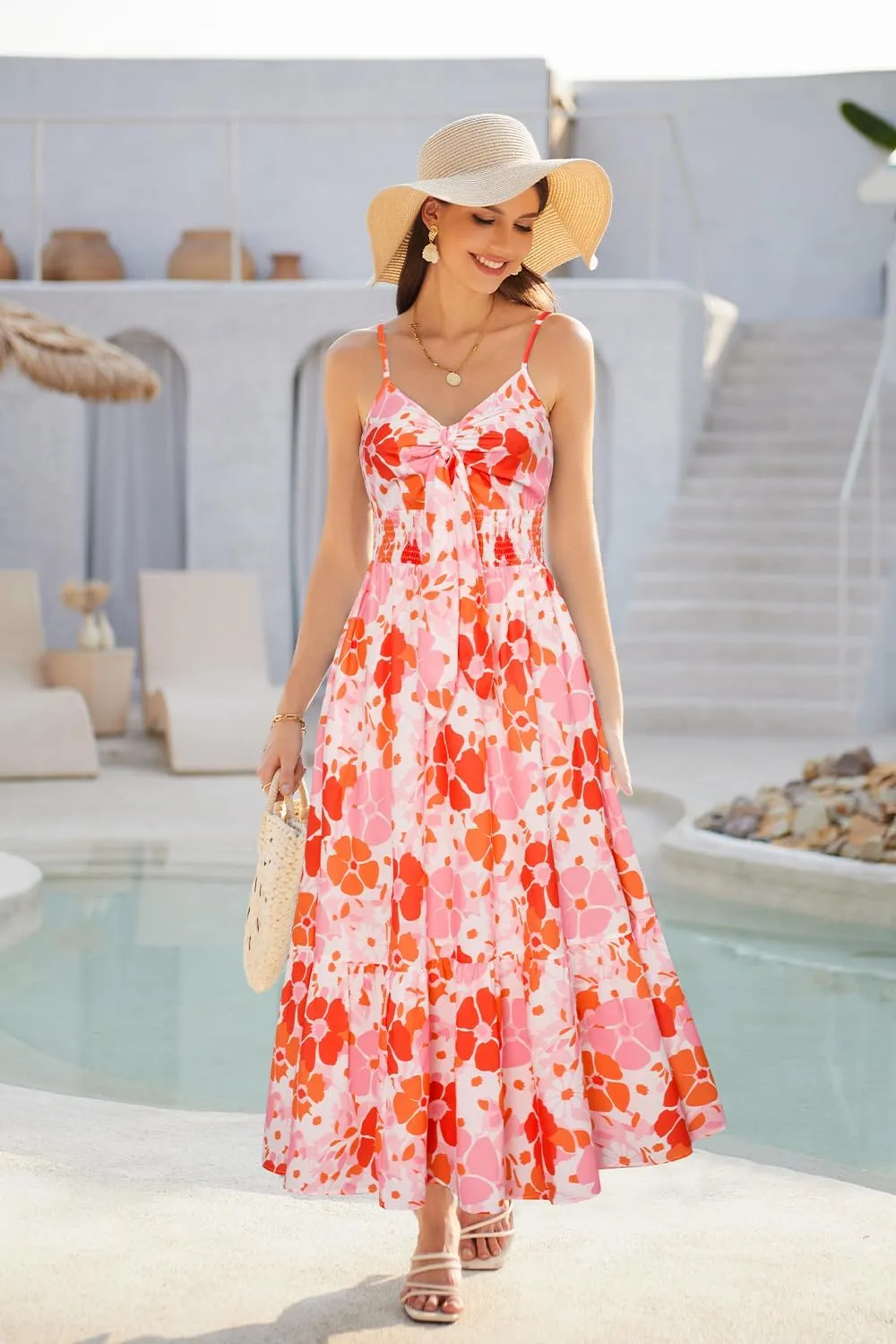 GRACE KARIN Women's 2025 Summer Maxi Dress Floral Tie Front Spaghetti Strap Casual Boho Beach Flowy Sundress with Pockets