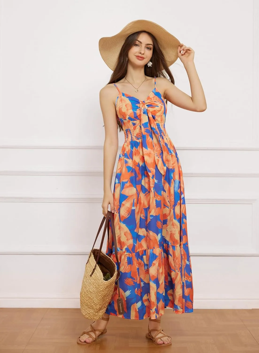 GRACE KARIN Women's 2025 Summer Maxi Dress Floral Tie Front Spaghetti Strap Casual Boho Beach Flowy Sundress with Pockets